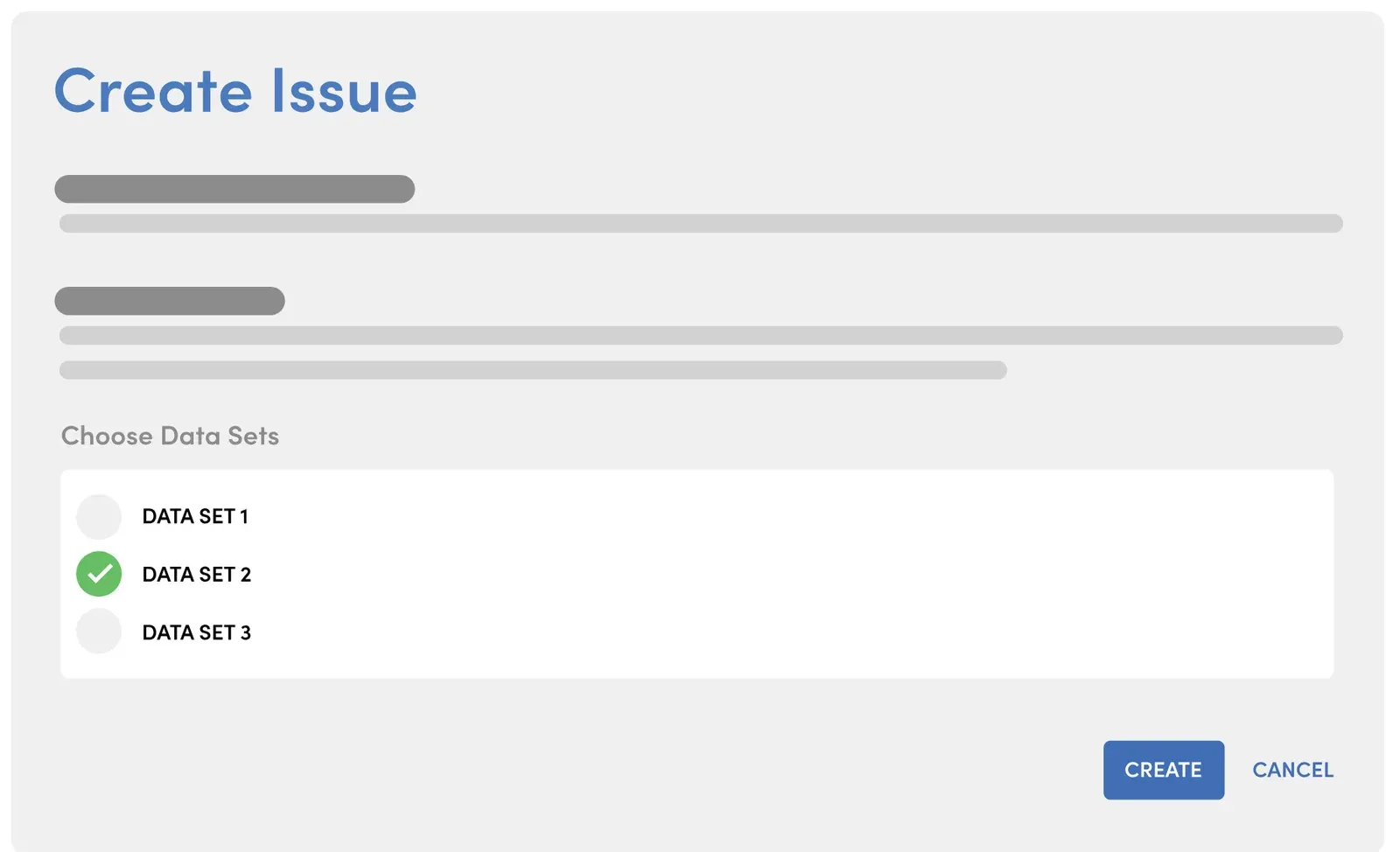 A JIRA Create Issue dialog with a Choose Data Sets list showing three data sets, the second one selected, above Create and Cancel buttons