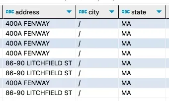 Query results showing 8 records where the city field contains a single slash character