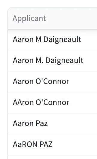 Zoomed view of applicant values showing inconsistent capitalization and formatting