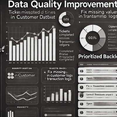 A ticket-driven data quality dashboard: tickets completed over time next to a prioritized backlog of open data issues