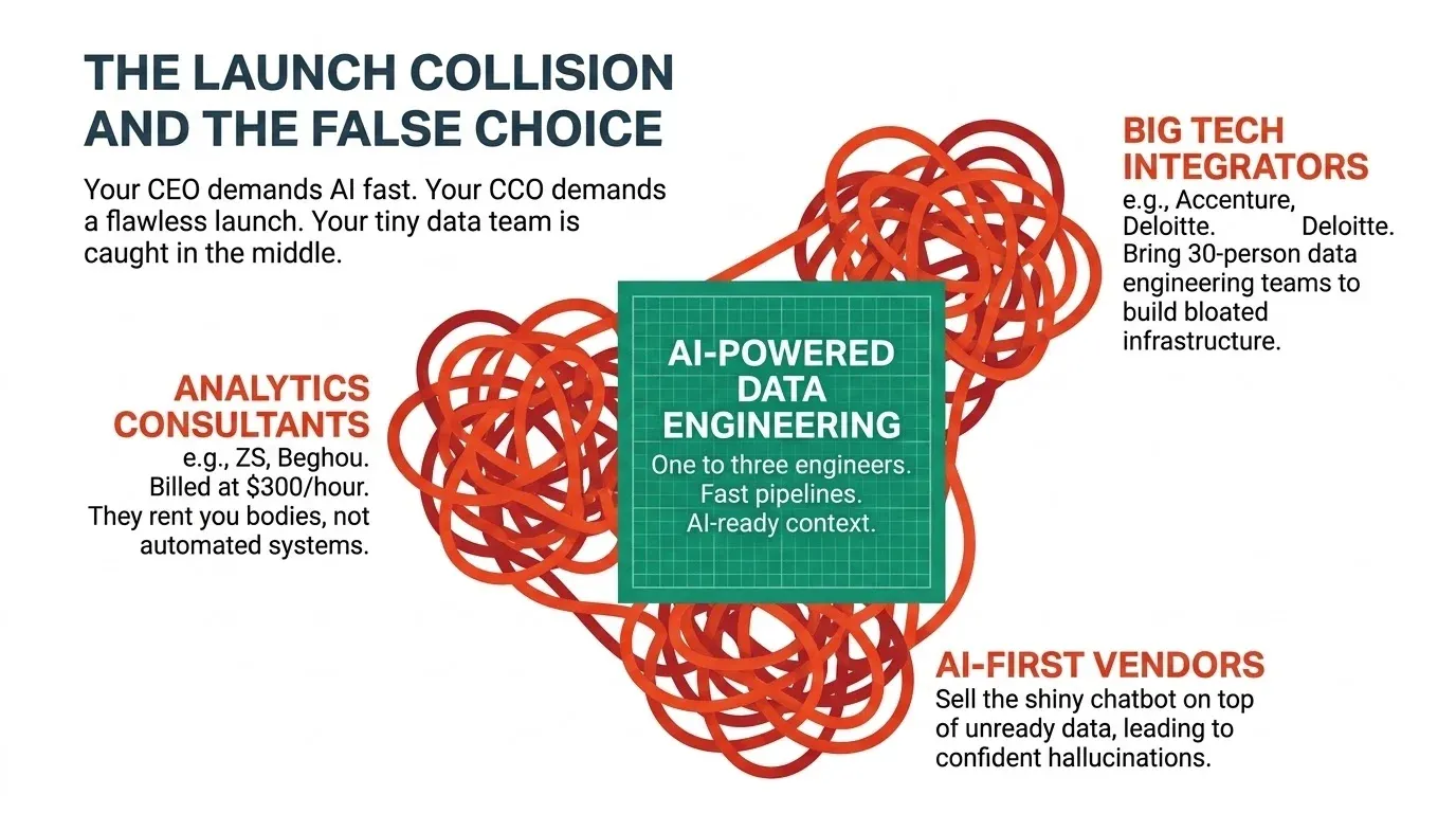 The launch collision and the false choice: AI-powered data engineering as the synthesis between analytics consultants, big tech integrators, and AI-first vendors