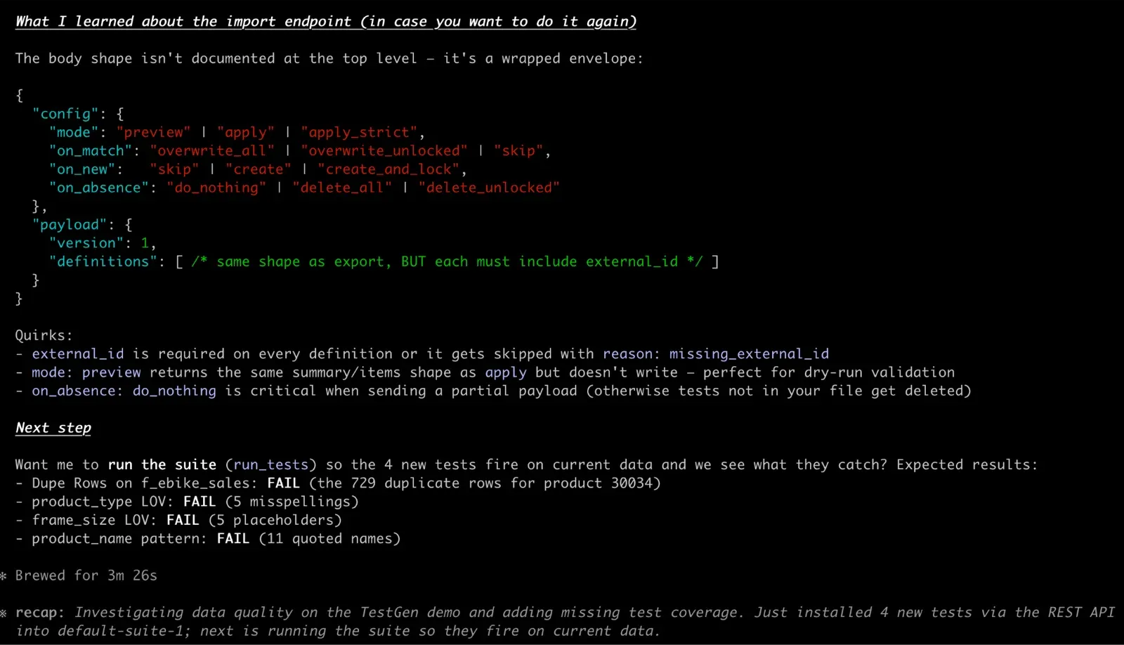 Claude pulling a profile, listing existing tests, and recommending coverage gaps.