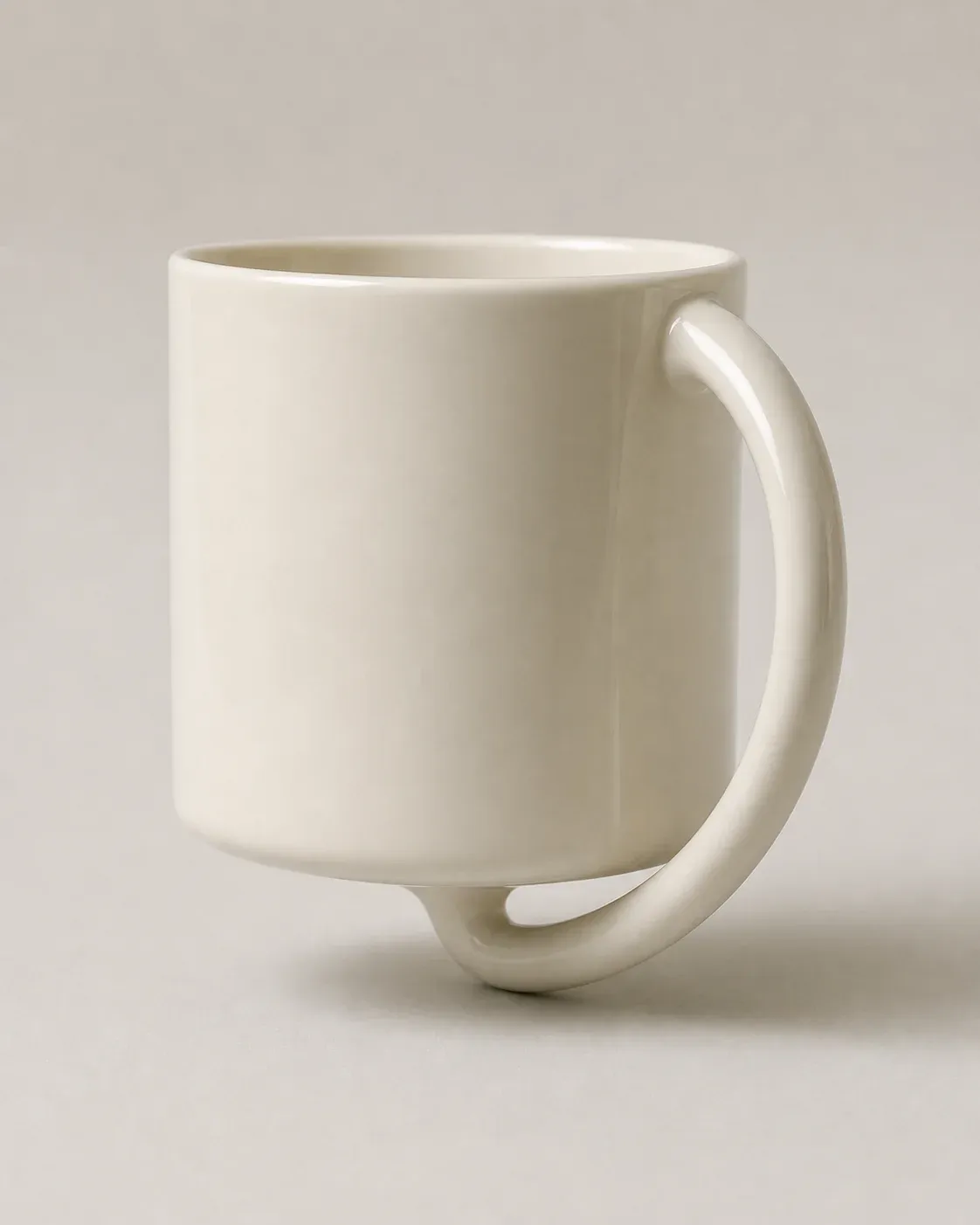 A ceramic coffee mug with an extra ring-shaped second handle on the bottom