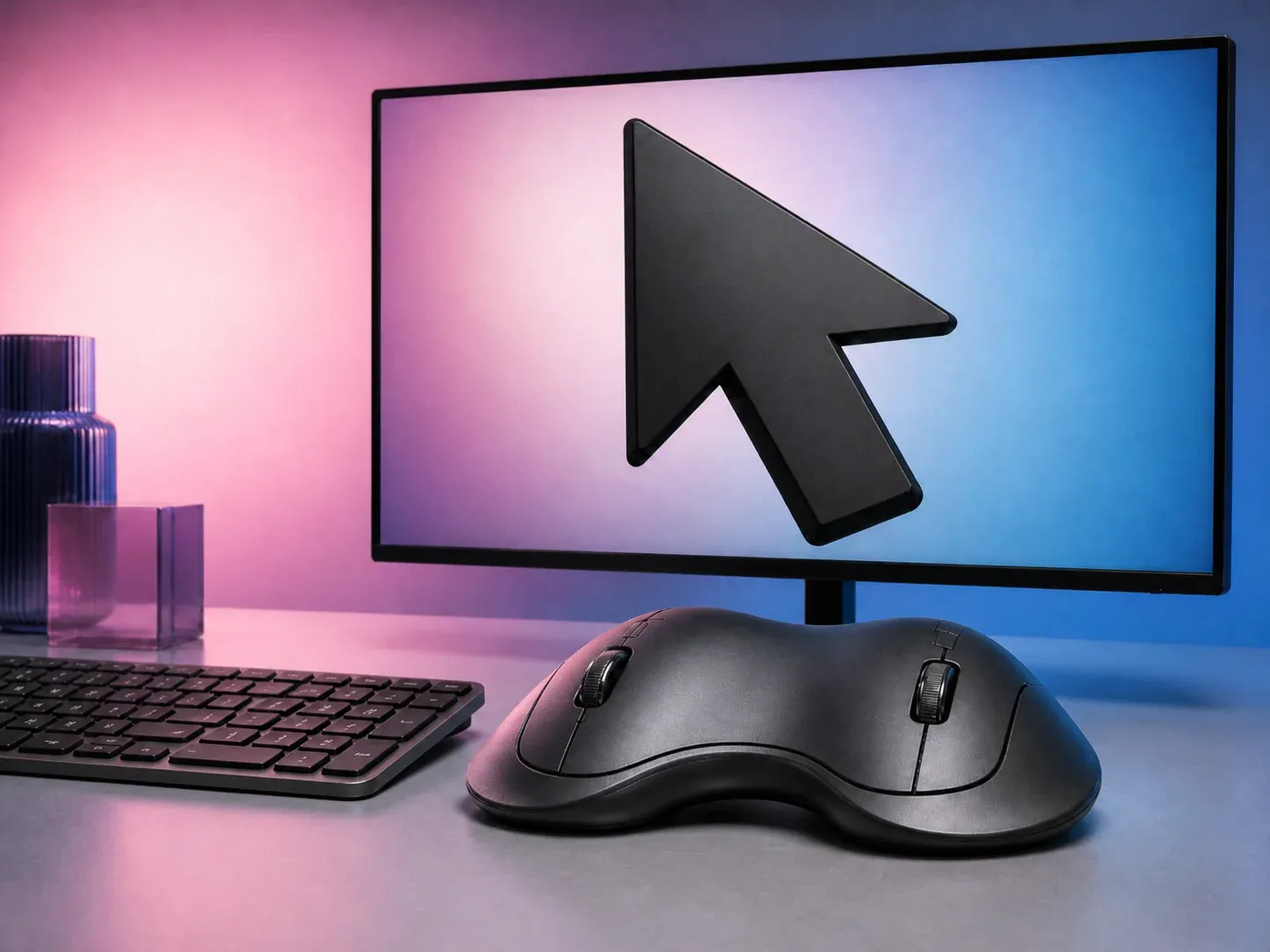 A computer mouse with a giant cursor arrow rising out of it on a desk