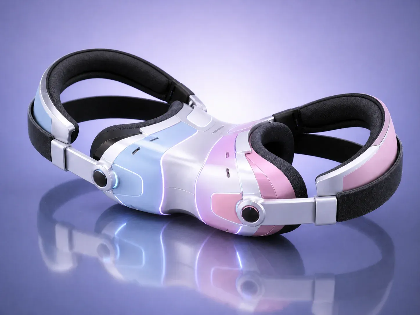 A pair of fused VR goggles with chrome and pastel finishes