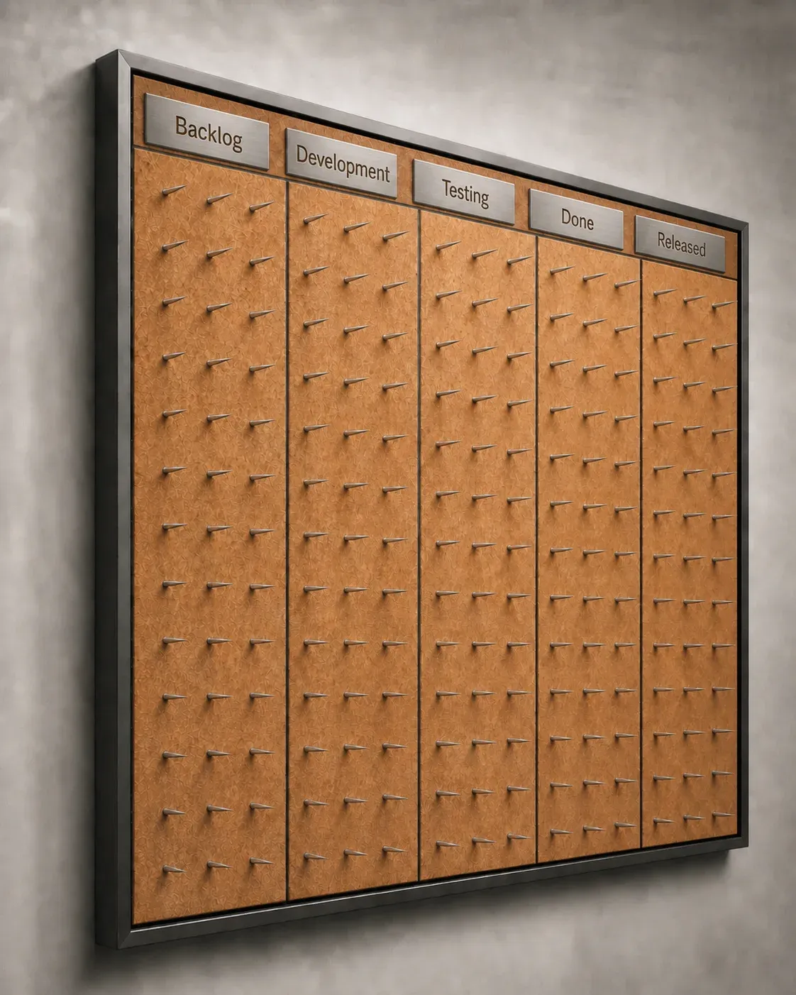 A wooden kanban board with columns labeled Backlog, Development, Testing, Done, Released