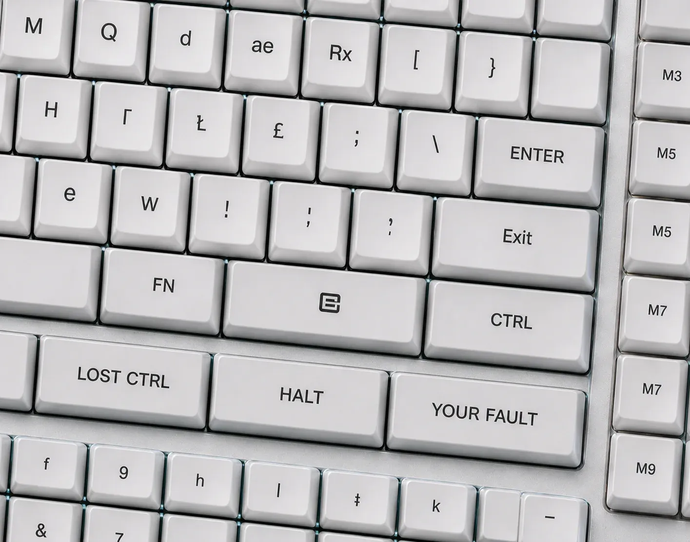 A keyboard with keys labeled LOST CTRL, HALT, and YOUR FAULT