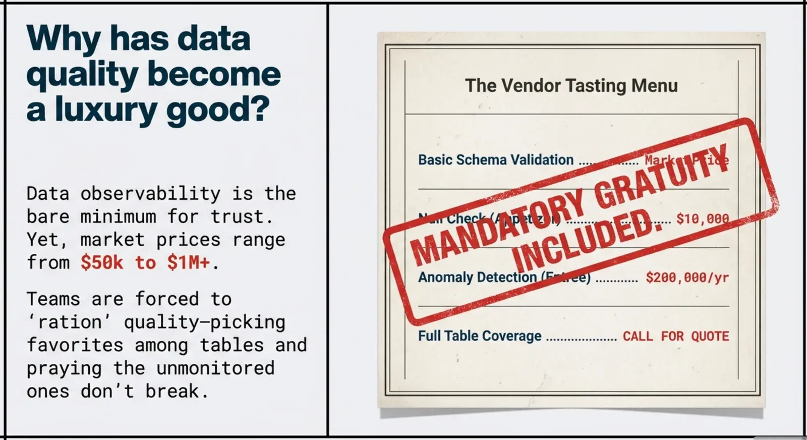 Why data quality has become a luxury good: vendor pricing $50k to $1M+, with mandatory gratuity included