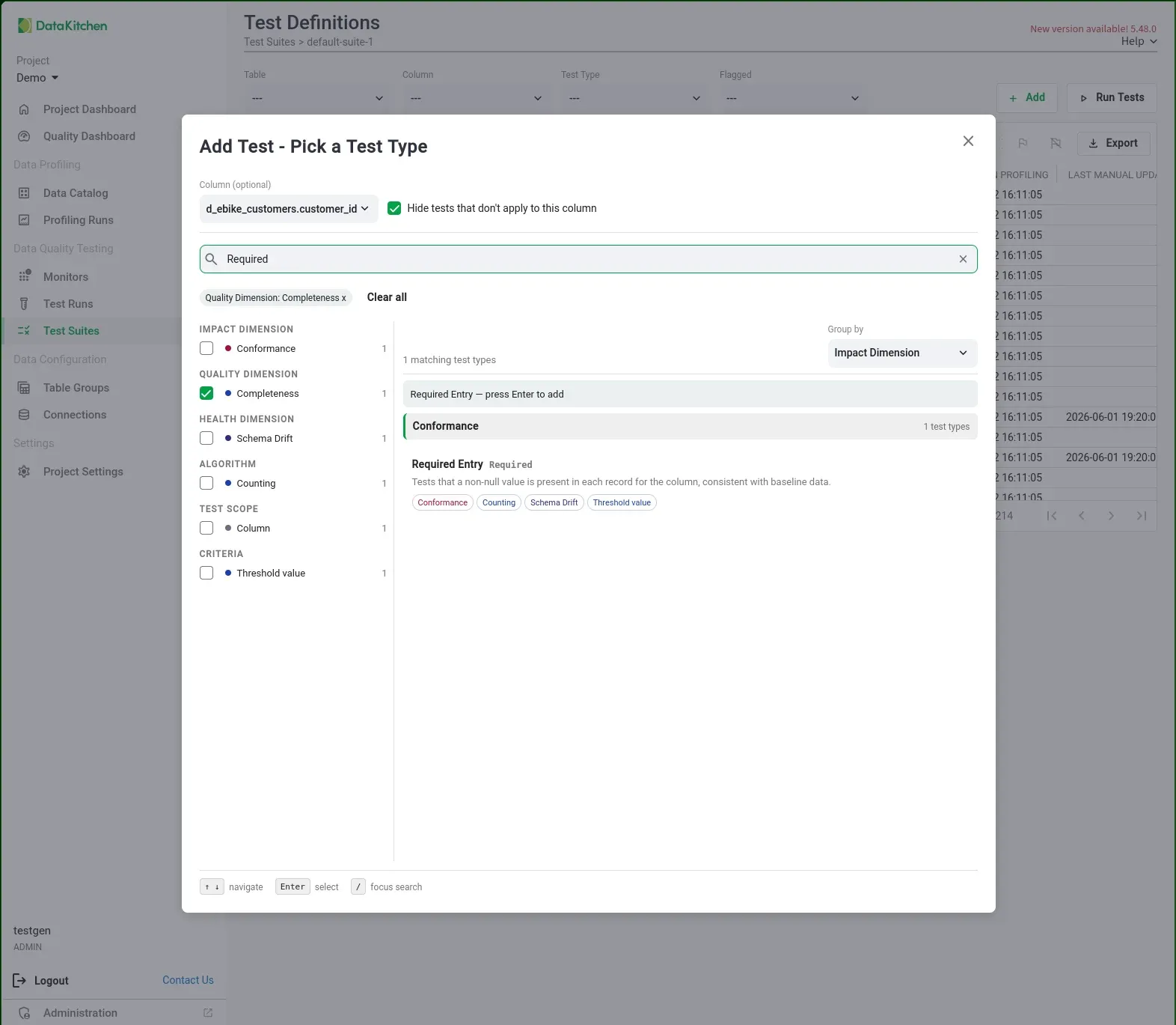 The Add Test picker with a specific column selected and "Hide tests that don't apply to this column" checked, plus a search for "Required" — the catalog trims down to a single matching test type, Required Entry.