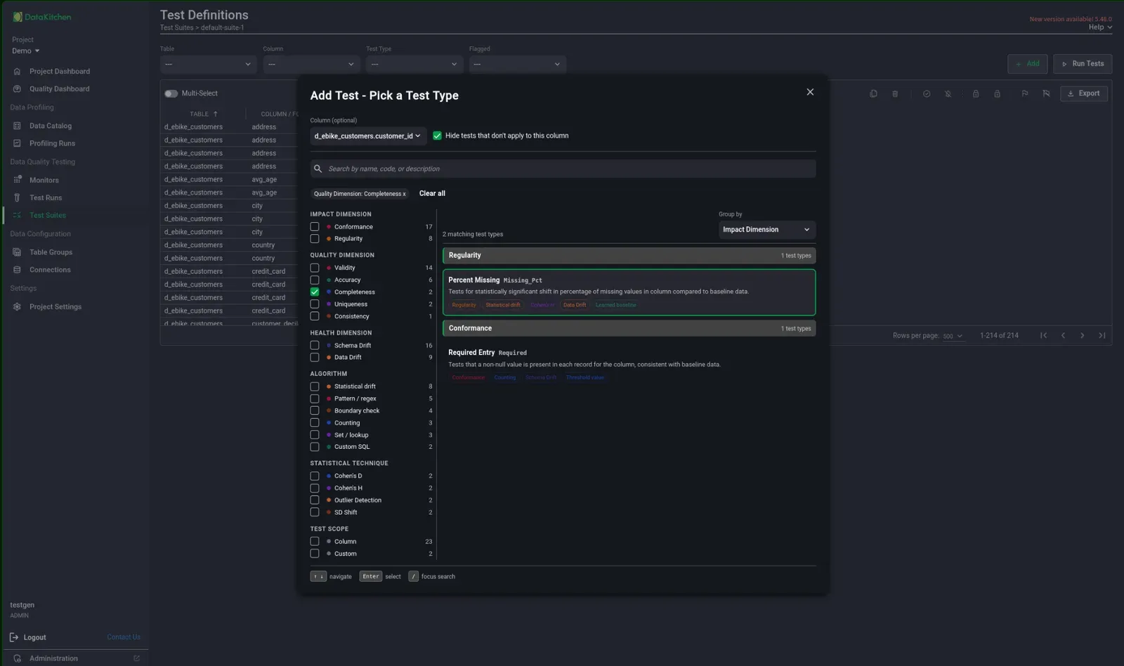 The Add Test picker with all seven facet groups expanded — Impact, Quality, and Health dimensions plus Algorithm, Statistical Technique, and Test Scope — and a Quality Dimension: Completeness filter applied, narrowing the catalog to two matching test types.