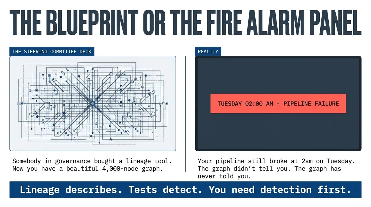 The steering committee sees a 4,000-node lineage graph. Reality is a 2am pipeline failure alert.