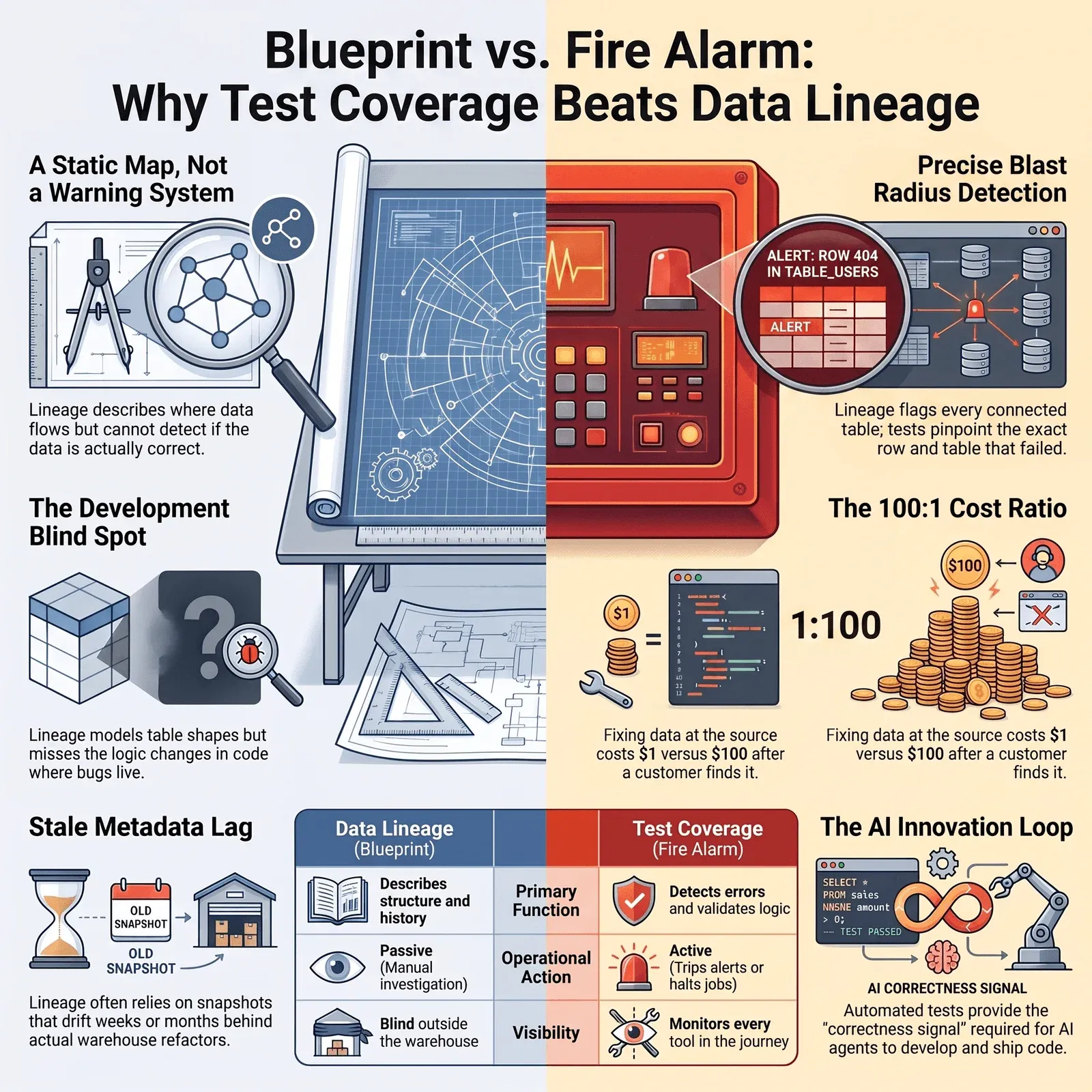 Blueprint vs. fire alarm: lineage is a static map with a development blind spot and stale metadata, while test coverage detects the exact failed row, prices the 1:100 cost ratio, and gives AI agents a correctness signal
