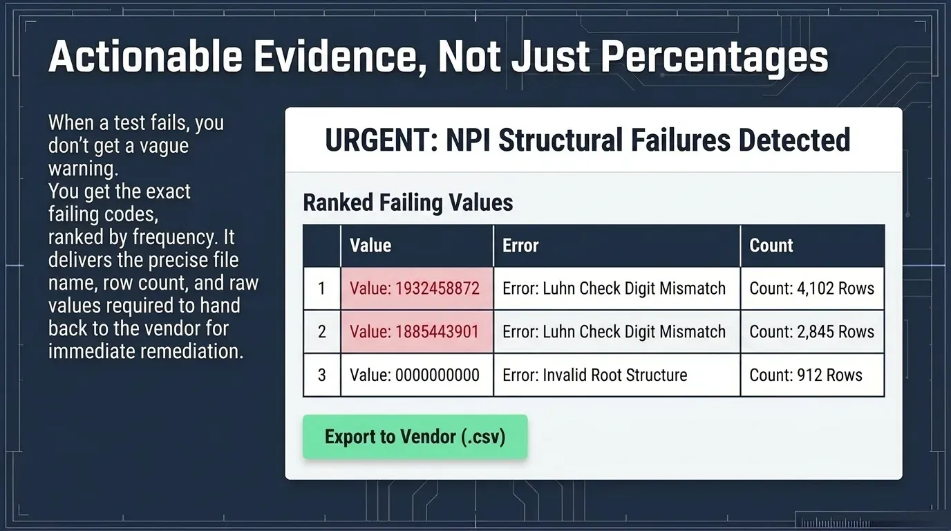 Slide titled 'Actionable evidence, not just percentages'. A report headed 'URGENT: NPI structural failures detected' lists ranked failing values: 1932458872 with a Luhn check digit mismatch at 4,102 rows, 1885443901 with the same error at 2,845 rows, and 0000000000 with an invalid root structure at 912 rows, above an 'export to vendor (.csv)' button.