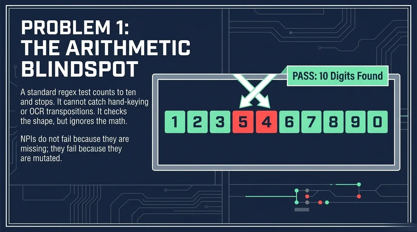 Slide titled 'Problem 1: the arithmetic blindspot'. Ten digit tiles spell 1234567890 with the 5 and 4 swapped and highlighted in red, while a green label above reads 'PASS: 10 digits found'. Caption: a standard regex test counts to ten and stops, so it cannot catch hand-keying or OCR transpositions. NPIs do not fail because they are missing, they fail because they are mutated.