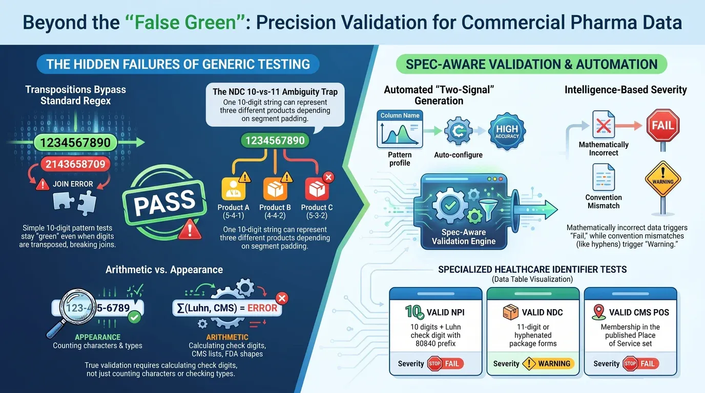 Infographic titled "Beyond the false green: precision validation for commercial pharma data", split into two halves. The left half, "The hidden failures of generic testing", shows a transposed NPI still earning a PASS stamp from a 10-digit pattern test while the join breaks, one 10-digit NDC resolving to three different products under 5-4-1, 4-4-2, and 5-3-2 segment padding, and appearance checks that count characters contrasted against arithmetic that computes check digits. The right half, "Spec-aware validation and automation", shows two-signal generation combining column name with pattern profile, severity split between mathematically incorrect values that Fail and convention mismatches that Warn, and three example tests: Valid NPI at Fail, Valid NDC at Warning, and Valid CMS POS at Fail.