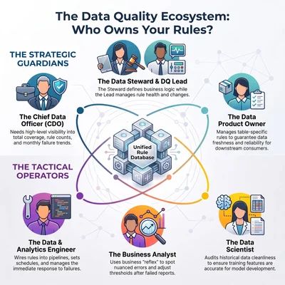 Seven roles arranged around a unified rule database. The strategic guardians are the chief data officer, the data steward and data quality lead, and the data product owner. The tactical operators are the data and analytics engineer, the business analyst, and the data scientist.