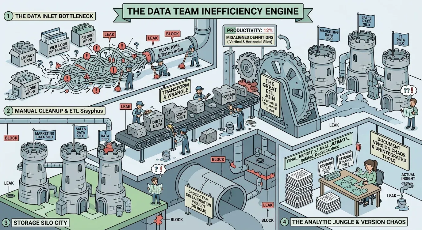 An isometric illustration titled 'The data team inefficiency engine', showing four numbered stages: a data inlet bottleneck of tangled pipes leaking from legacy CRM and siloed apps, manual cleanup and ETL Sisyphus moving blocks of dirty data along a conveyor, storage silo city as fortified towers for marketing, sales and IT, and an analytic jungle of version chaos where an analyst assembles a jigsaw from stacks of conflicting reports. A gauge reads productivity 12 percent.