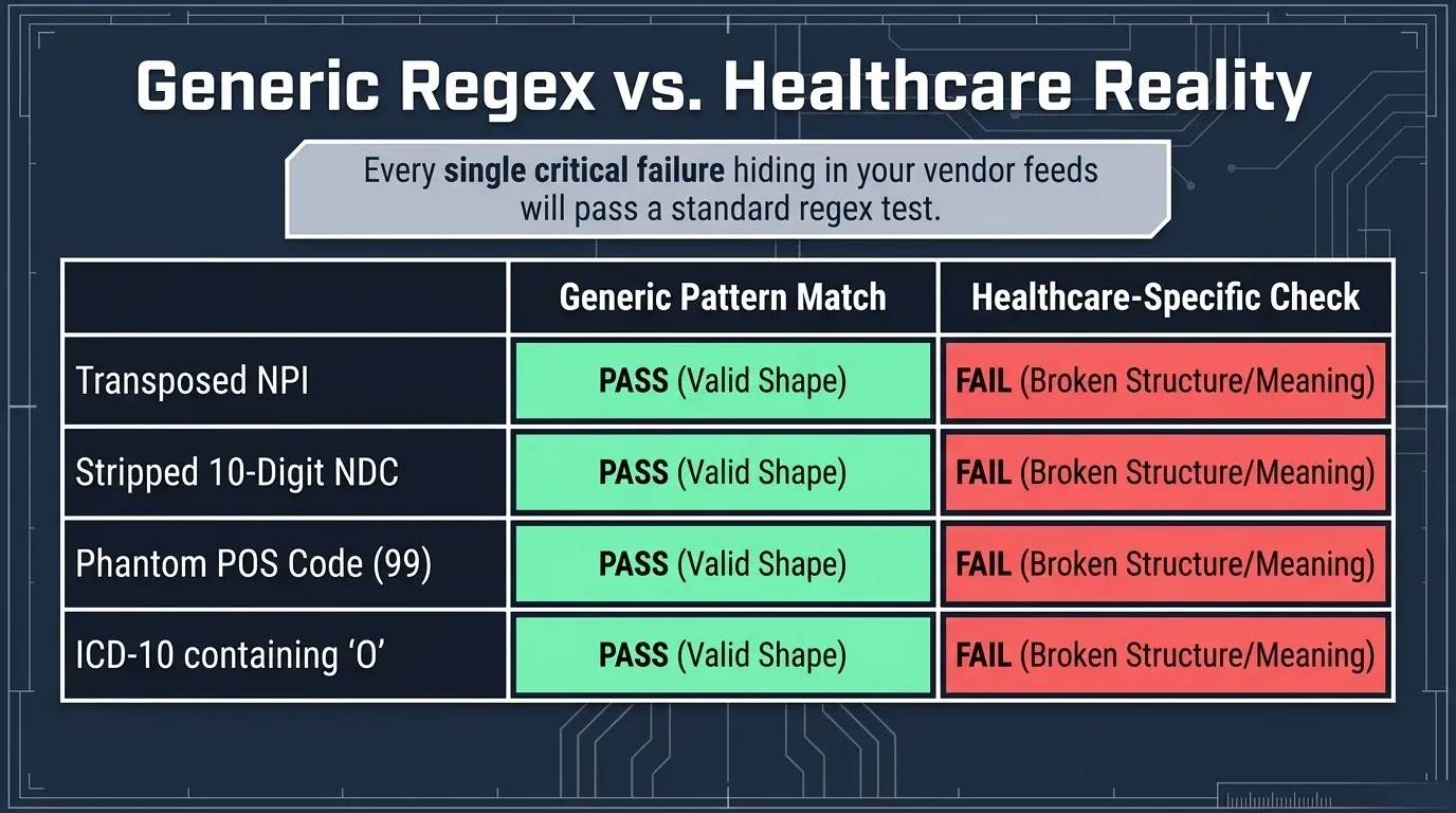 Table titled 'Generic regex vs. healthcare reality', with the note that every single critical failure hiding in your vendor feeds will pass a standard regex test. Four rows, a transposed NPI, a stripped 10-digit NDC, a phantom POS code 99, and an ICD-10 code containing the letter O, each showing PASS (valid shape) under generic pattern match and FAIL (broken structure or meaning) under a healthcare-specific check.