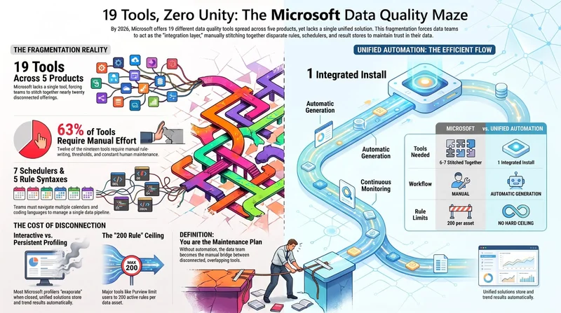 19 tools, zero unity: the Microsoft data quality maze. On the left, nineteen tools across five products, 63 percent requiring manual effort, seven schedulers and five rule syntaxes. On the right, one integrated install with automatic generation and continuous monitoring.