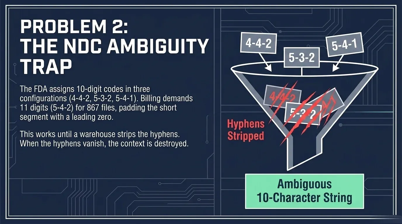 Slide titled 'Problem 2: the NDC ambiguity trap'. Three labelled configurations, 4-4-2, 5-3-2, and 5-4-1, fall into a funnel marked 'hyphens stripped' where the labels are torn away, and what drops out is a single box reading 'ambiguous 10-character string'.