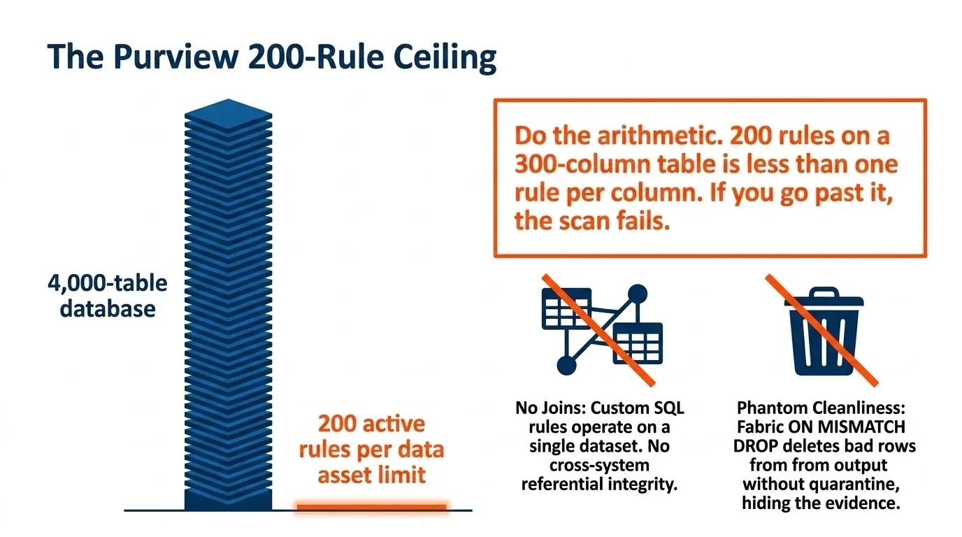 The Purview 200-rule ceiling: a 4,000-table database against a 200-active-rule-per-asset limit, no joins in custom SQL, and dropped rows hiding the evidence
