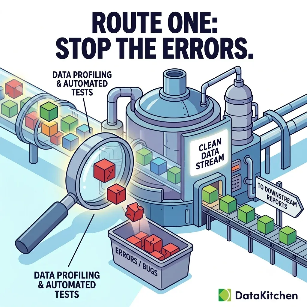 An illustration titled 'Route one: stop the errors'. A magnifying glass labelled data profiling and automated tests inspects blocks moving along a pipeline, pulling cracked red blocks into a bin marked errors and bugs while green blocks continue through a clean data stream toward downstream reports.