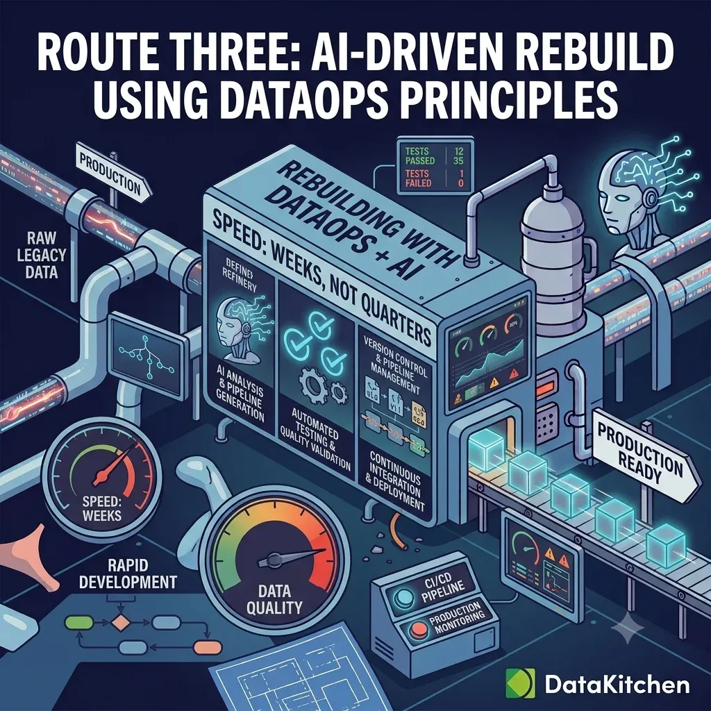 A dark illustration titled 'Route three: AI-driven rebuild using DataOps principles'. Raw legacy data enters a refinery whose panels read AI analysis and pipeline generation, automated testing and quality validation, and version control and pipeline management. A board shows tests passed and tests failed, a gauge reads speed: weeks, and the output is marked production ready.