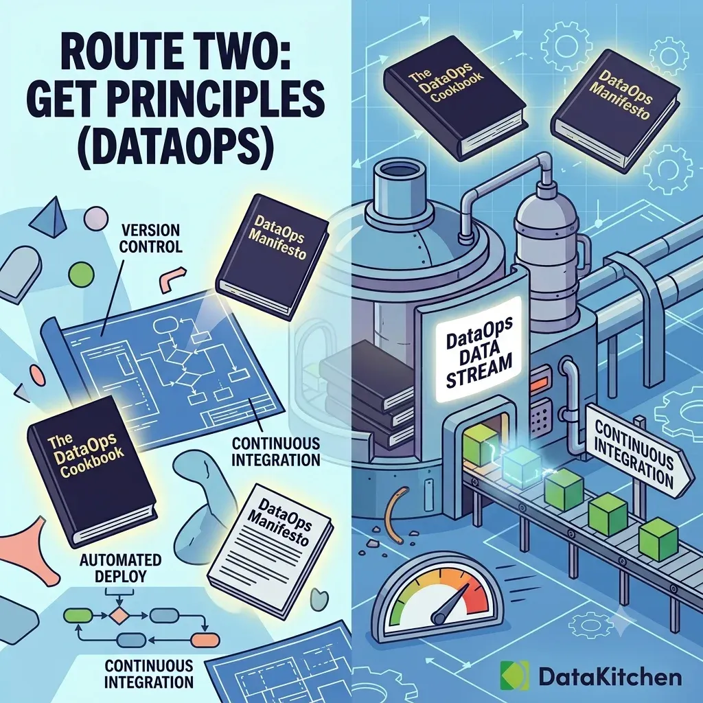 An illustration titled 'Route two: get principles (DataOps)'. On the left, copies of The DataOps Cookbook and the DataOps Manifesto sit among diagrams labelled version control, continuous integration and automated deploy. On the right, those principles feed a running pipeline moving green blocks past a quality gauge.