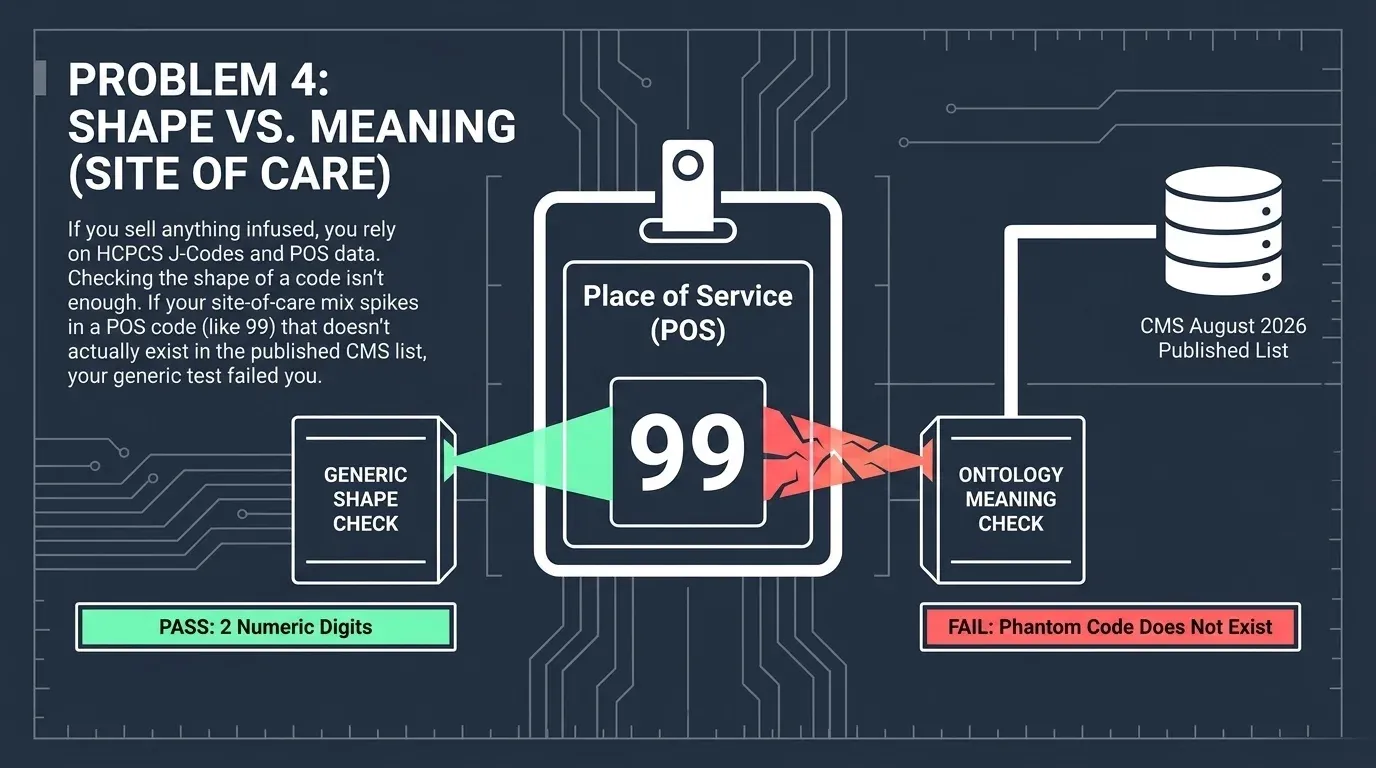 Slide titled 'Problem 4: shape vs. meaning (site of care)'. A Place of Service badge showing the code 99 passes a generic shape check labelled 'PASS: 2 numeric digits' on the left, and fails an ontology meaning check on the right, labelled 'FAIL: phantom code does not exist', checked against the CMS August 2026 published list.