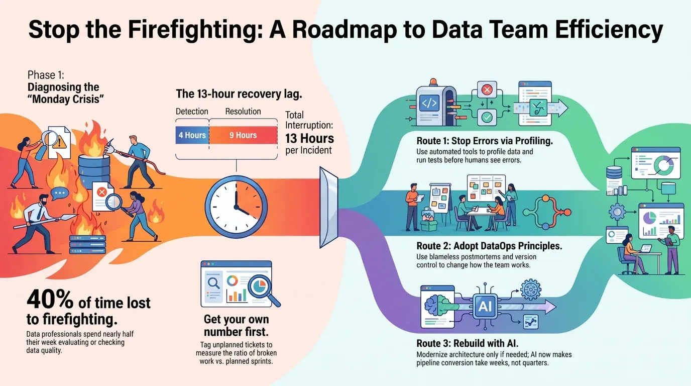 An infographic titled 'Stop the firefighting: a roadmap to data team efficiency'. On the left, phase one diagnoses the Monday crisis: 40 percent of time lost to firefighting, a 13-hour recovery lag split into 4 hours detection and 9 hours resolution, and a prompt to get your own number first by tagging unplanned tickets. On the right, three routes branch out: stop errors via profiling, adopt DataOps principles, and rebuild with AI.
