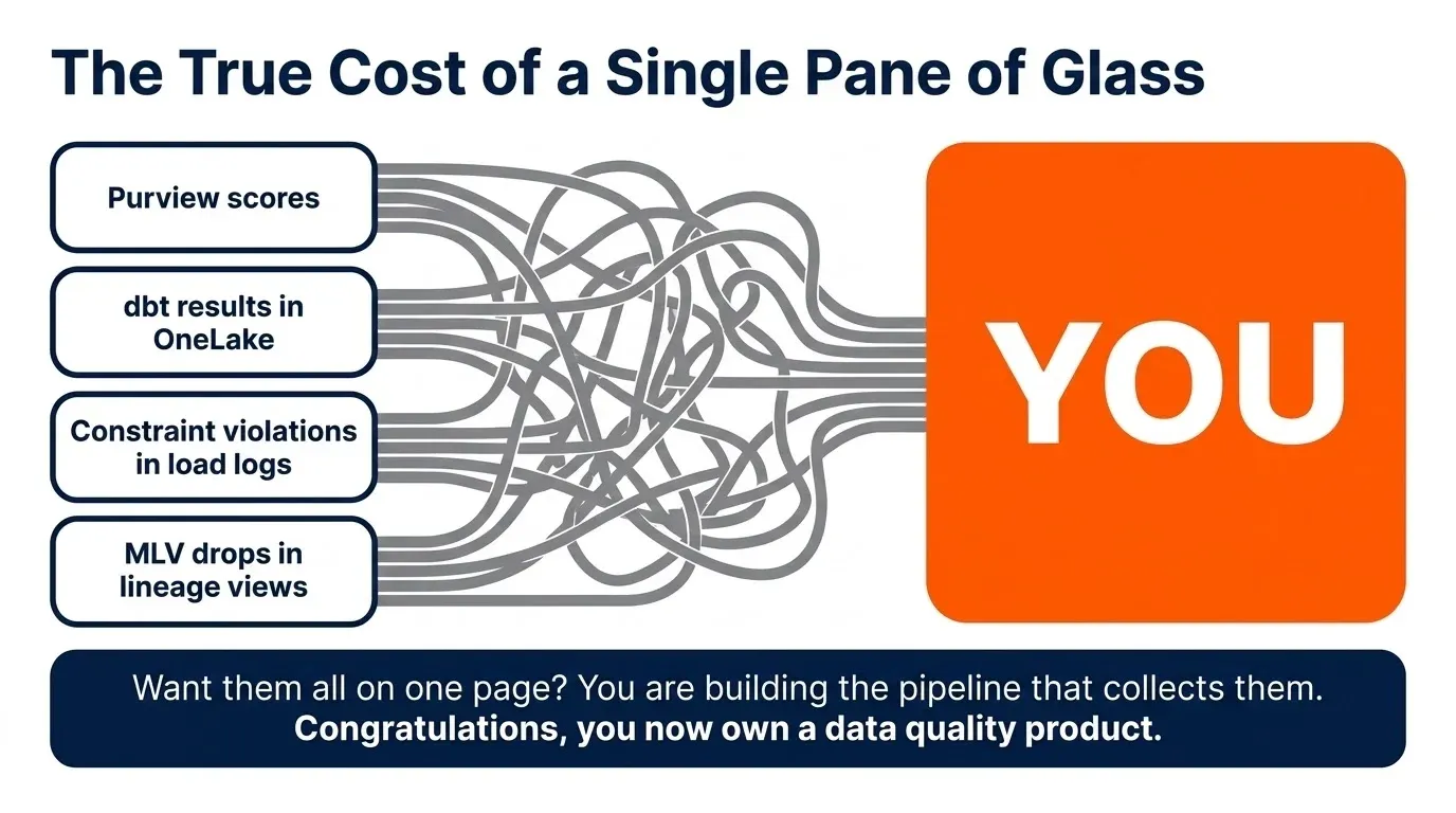 The true cost of a single pane of glass: Purview scores, dbt results, constraint violations, and lake view drops all funneling into you