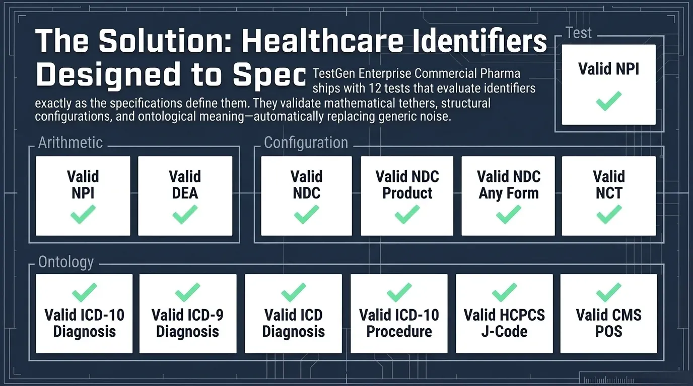 Slide titled 'The solution: healthcare identifiers designed to spec'. The 12 tests grouped into three families: Arithmetic holds Valid NPI and Valid DEA, Configuration holds Valid NDC, Valid NDC Product, Valid NDC Any Form and Valid NCT, and Ontology holds Valid ICD-10 Diagnosis, Valid ICD-9 Diagnosis, Valid ICD Diagnosis, Valid ICD-10 Procedure, Valid HCPCS J-Code and Valid CMS POS.