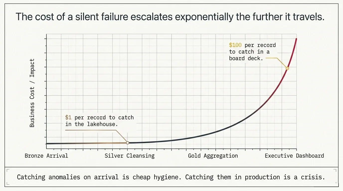 A chart titled The cost of a silent failure escalates exponentially the further it travels. Business cost rises along a curve across four stages: bronze arrival, silver cleansing, gold aggregation, and executive dashboard. A marker near the start reads one dollar per record to catch in the lakehouse; a marker near the top reads one hundred dollars per record to catch in a board deck. A line beneath reads: catching anomalies on arrival is cheap hygiene, catching them in production is a crisis.