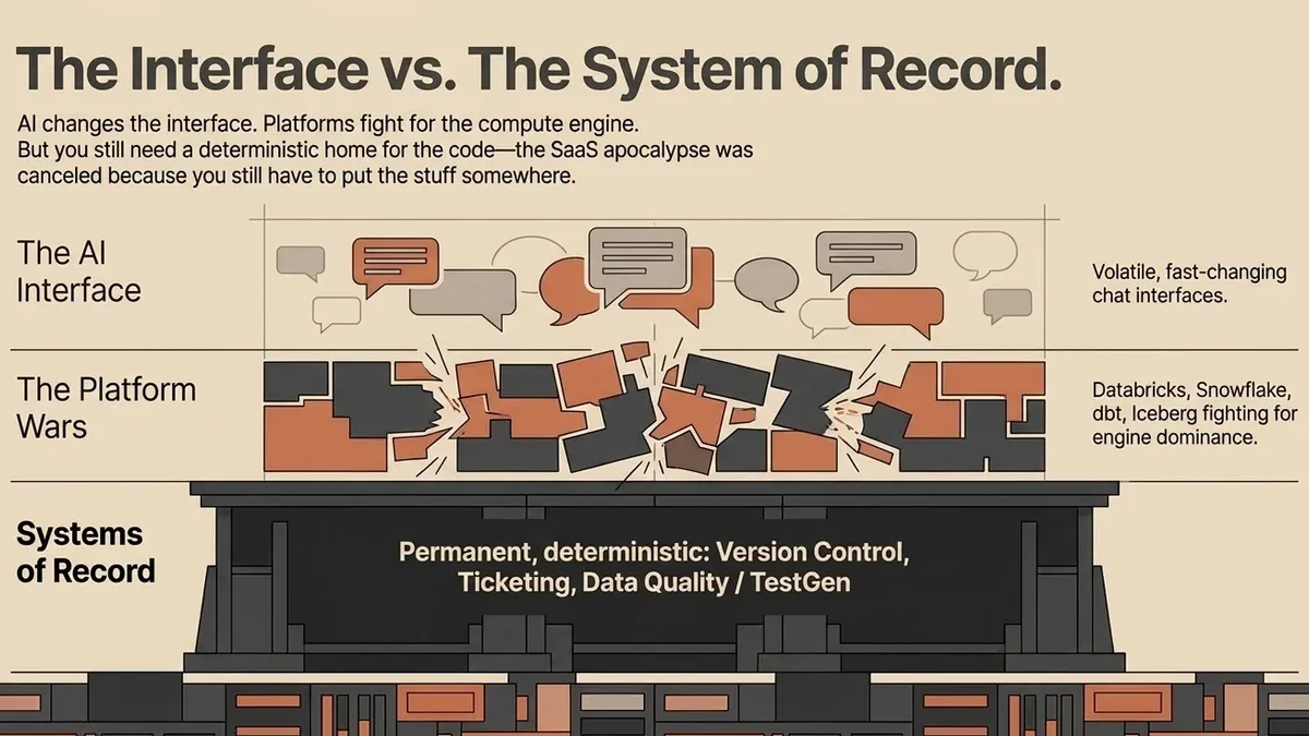 A layered diagram titled 'The Interface vs. The System of Record', subtitled: AI changes the interface, platforms fight for the compute engine, but you still need a deterministic home for the code, because you still have to put the stuff somewhere. Top layer, The AI Interface: speech bubbles, labelled volatile, fast-changing chat interfaces. Middle layer, The Platform Wars: jagged blocks colliding, labelled Databricks, Snowflake, dbt, Iceberg fighting for engine dominance. Bottom layer, Systems of Record: a solid foundation labelled permanent, deterministic: version control, ticketing, data quality / TestGen.