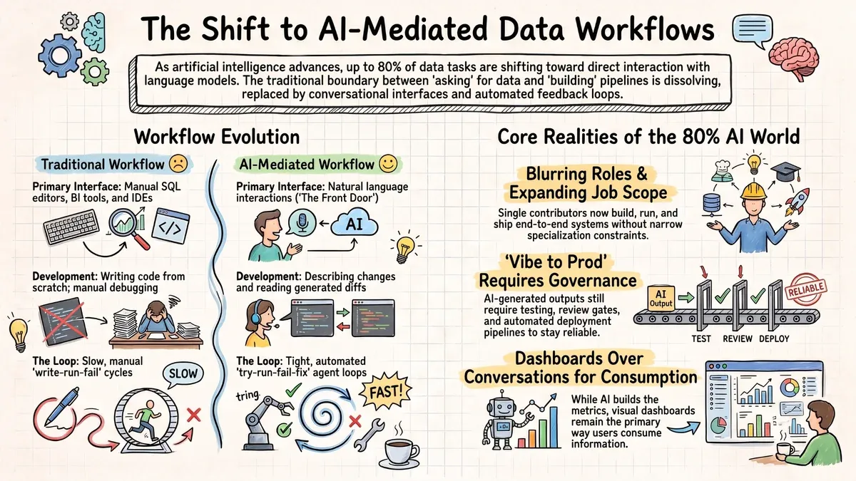 A hand-drawn infographic titled 'The Shift to AI-Mediated Data Workflows'. Under Workflow Evolution, the traditional workflow uses manual SQL editors, BI tools, and IDEs, writes code from scratch with manual debugging, and runs slow write-run-fail cycles; the AI-mediated workflow uses natural language as the front door, describes changes and reads generated diffs, and runs tight try-run-fail-fix agent loops. Under Core Realities of the 80% AI World: blurring roles and expanding job scope; Vibe to Prod requires governance, with AI output passing test, review, and deploy gates on a conveyor; and dashboards over conversations for consumption.