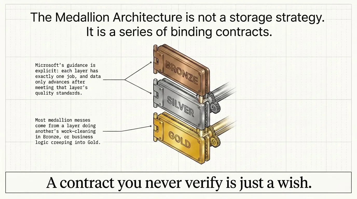 Illustration titled The Medallion Architecture is not a storage strategy. It is a series of binding contracts. Three engraved plates labelled bronze, silver and gold are stacked and geared together. Notes read that Microsoft guidance is explicit that each layer has exactly one job and data only advances after meeting that layer quality standards, and that most medallion messes come from a layer doing another job, cleaning in bronze or business logic creeping into gold. A band beneath reads: a contract you never verify is just a wish.