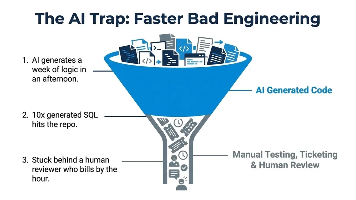 A slide titled 'The AI trap: faster bad engineering'. A wide funnel full of AI-generated code files narrows into a thin neck clogged with tickets, clocks, and review icons labelled manual testing, ticketing and human review. Three callouts: AI generates a week of logic in an afternoon; 10x generated SQL hits the repo; stuck behind a human reviewer who bills by the hour.