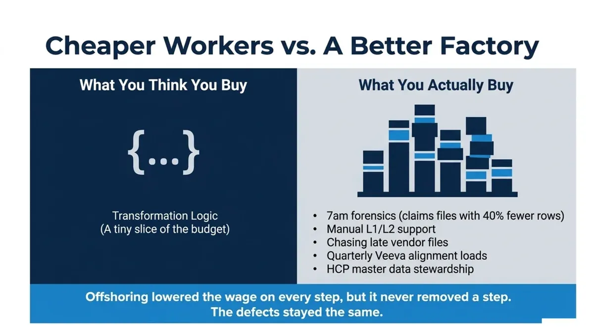 A slide titled 'Cheaper workers vs. a better factory'. The left panel, 'What you think you buy', shows a code bracket labelled transformation logic, a tiny slice of the budget. The right panel, 'What you actually buy', lists 7am forensics on claims files with 40% fewer rows, manual L1/L2 support, chasing late vendor files, quarterly Veeva alignment loads, and HCP master data stewardship. A footer reads: offshoring lowered the wage on every step, but it never removed a step. The defects stayed the same.