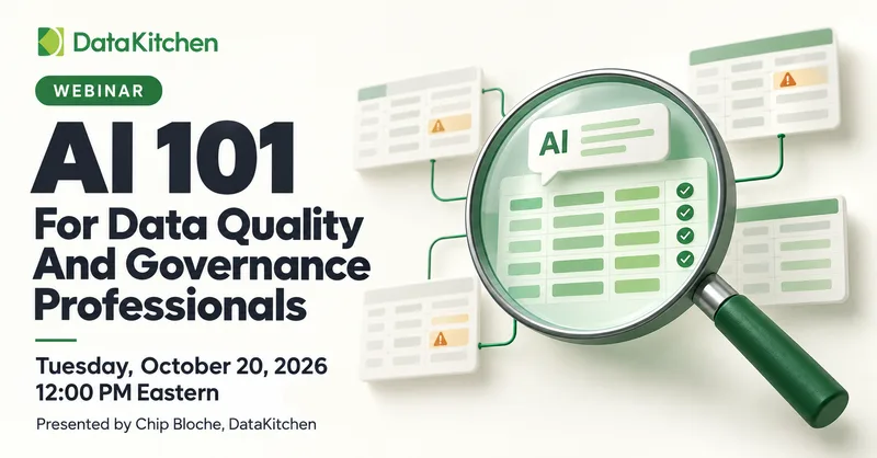 AI 101 for Data Quality and Governance Professionals: a magnifying glass over an AI answer, with the data tables underneath it checked and flagged.