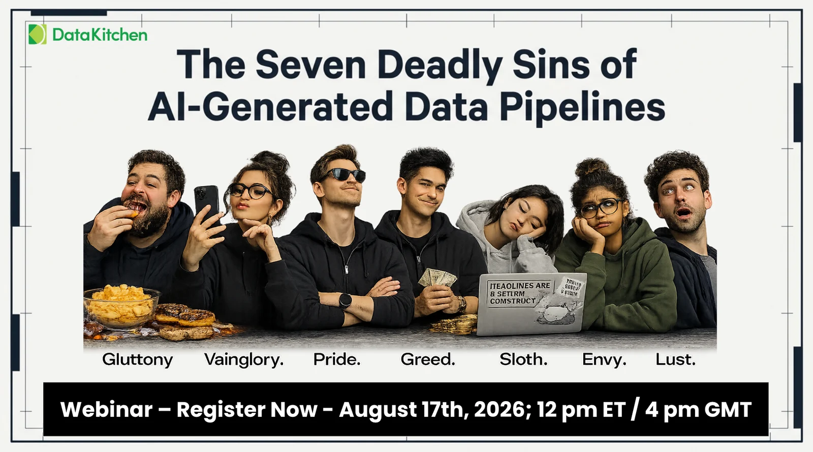 The Seven Deadly Sins of AI-Generated Data Pipelines — seven people acting out gluttony, vainglory, pride, greed, sloth, envy, and lust.