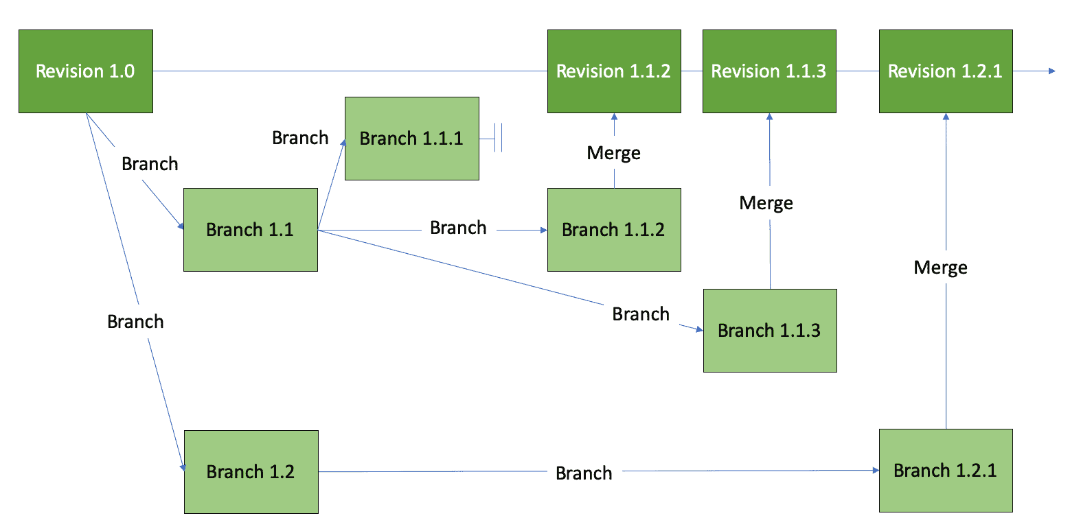 A revision history diagram. Revision 1.0 branches into Branch 1.1 and Branch 1.2. Branch 1.1 branches again into 1.1.1, 1.1.2 and 1.1.3. Branches 1.1.2 and 1.1.3 merge back into Revisions 1.1.2 and 1.1.3, and Branch 1.2.1 merges into Revision 1.2.1, forming a single trunk across the top.