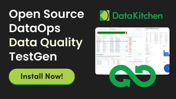 Promotional card reading Open Source DataOps Data Quality TestGen with an Install Now button, beside screenshots of TestGen's test results and data profiling screens and the DataKitchen logo.