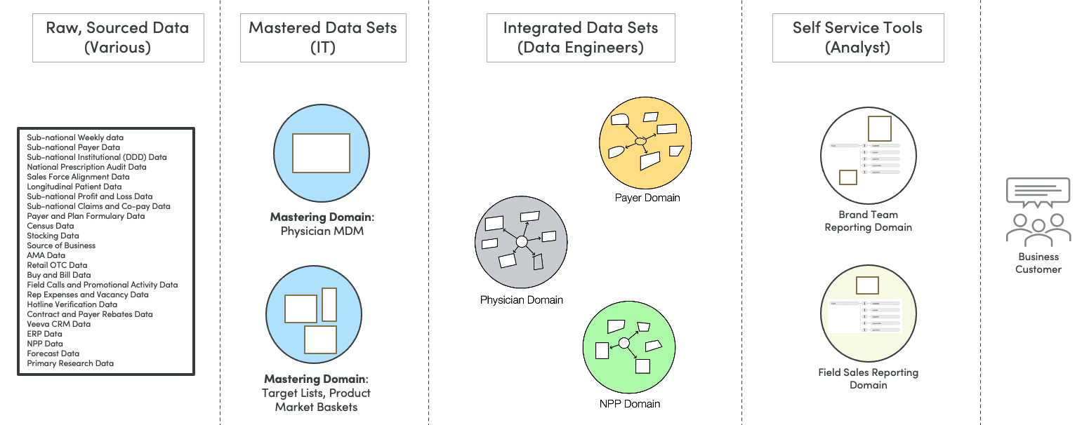 Diagram divided by dashed vertical lines into four columns: raw sourced data from various owners, mastered data sets owned by IT, integrated data sets owned by data engineers, and self service tools owned by analysts. The first column is a boxed list of about two dozen pharmaceutical data sources. The second holds two blue circles, a physician MDM mastering domain and a target lists and product market baskets mastering domain. The third holds three circles: a grey physician domain, an orange payer domain and a green NPP domain. The fourth holds two report-shaped circles, a brand team reporting domain and a field sales reporting domain. A business customer icon sits at the far right.