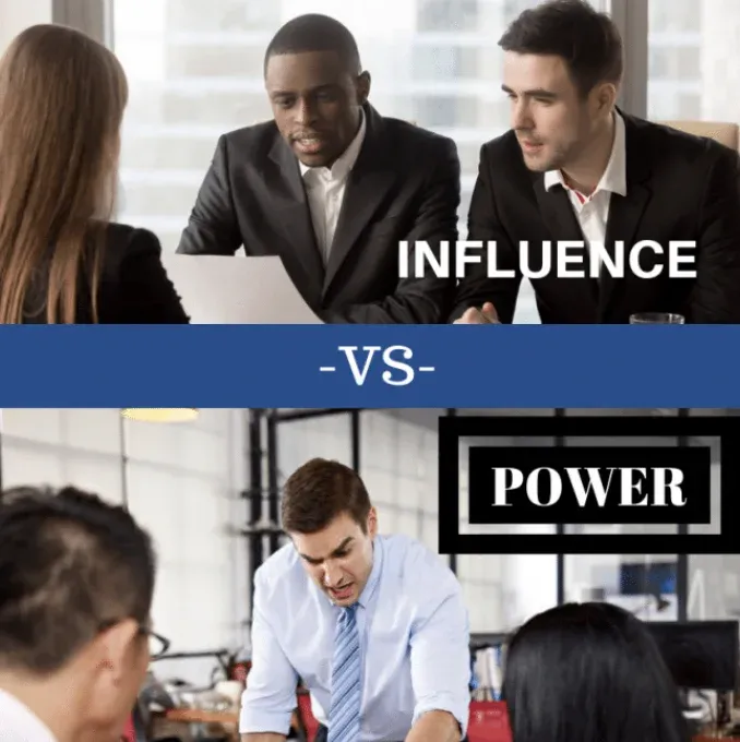 A split image. Above: colleagues in a meeting listening to a presenter, labelled Influence. Below: a manager leaning over a desk directing staff, labelled Power. A bar between the two panels reads VS.