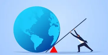 Illustration of a person using a long lever resting on a fulcrum to move a globe.