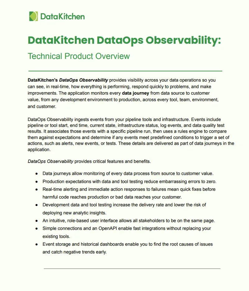 Cover of the DataKitchen DataOps Observability: Technical Product Overview white paper