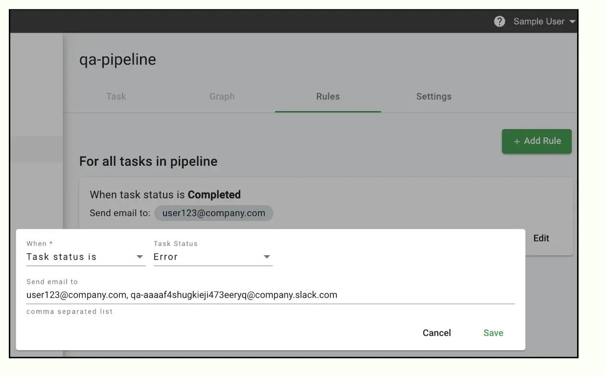 The Observability rule editor for a pipeline named qa-pipeline, on the Rules tab. An existing rule reads 'When task status is Completed, send email to user123@company.com'. An open edit panel sets When to 'Task status is', Task Status to 'Error', and a comma-separated Send email to field containing a user address and a Slack channel email address, with Cancel and Save actions.