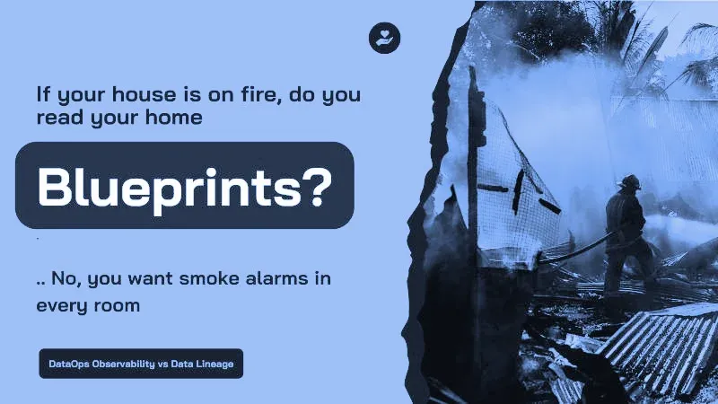 Graphic reading 'If your house is on fire, do you read your home Blueprints? .. No, you want smoke alarms in every room', with a photo of a firefighter hosing down a burning building, tagged DataOps Observability vs Data Lineage.