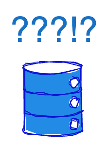 Hand-drawn blue database cylinder with a row of question marks and an exclamation mark floating above it.