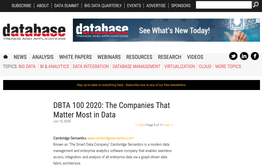 DataKitchen is listed in DBTA's 100 2020: The Companies That Matter Most in Data
